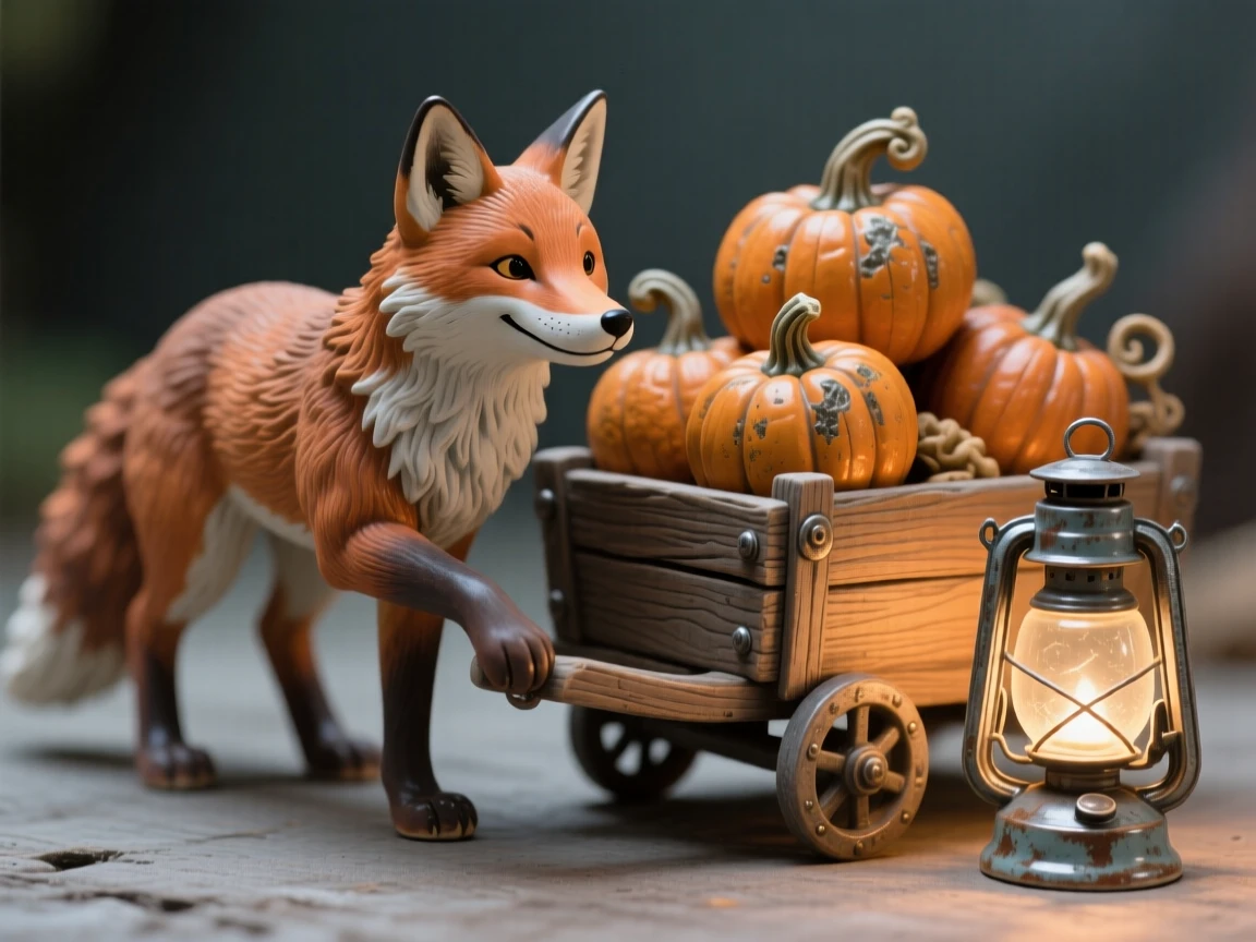 A fox pulling a small cart of pumpkins frozen in a moment of quiet, gentle mischief, with warm lantern light glowing softly nearby, conveying pure, heartwarming whimsy.