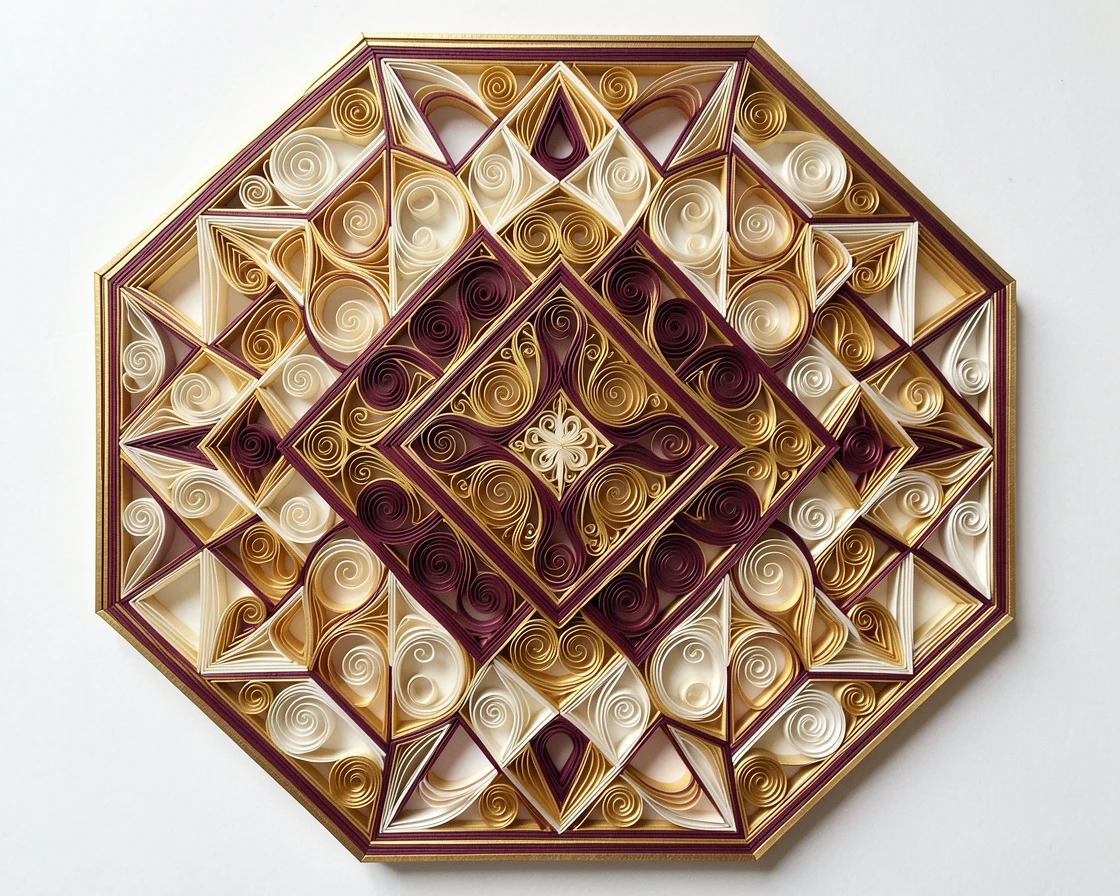 a lattice of interlocking geometric diamonds, presented within a hexagonal frame, composed with a strong central focal point, in shades of gold, ivory, and deep burgundy.
