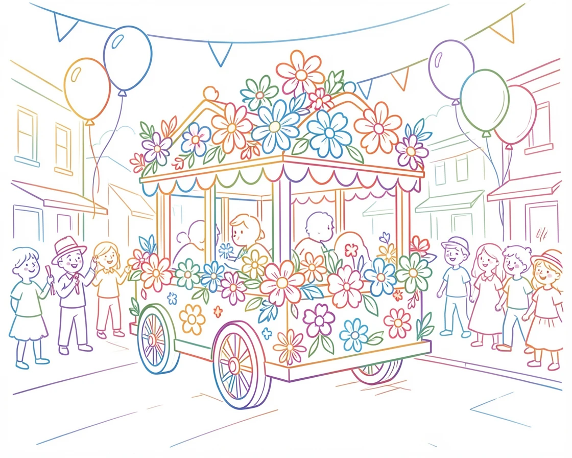 A parade float covered in flowers moving down a festive street.