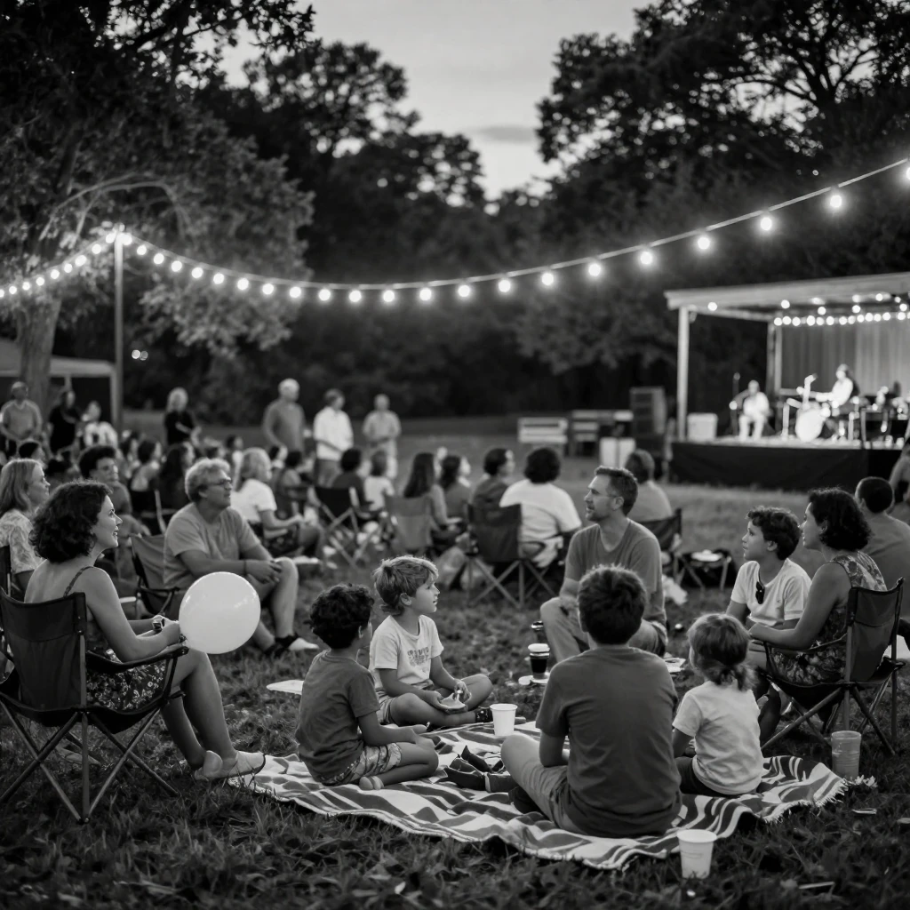A group of families gathers for an outdoor summer concert beneath a string of festival lights.