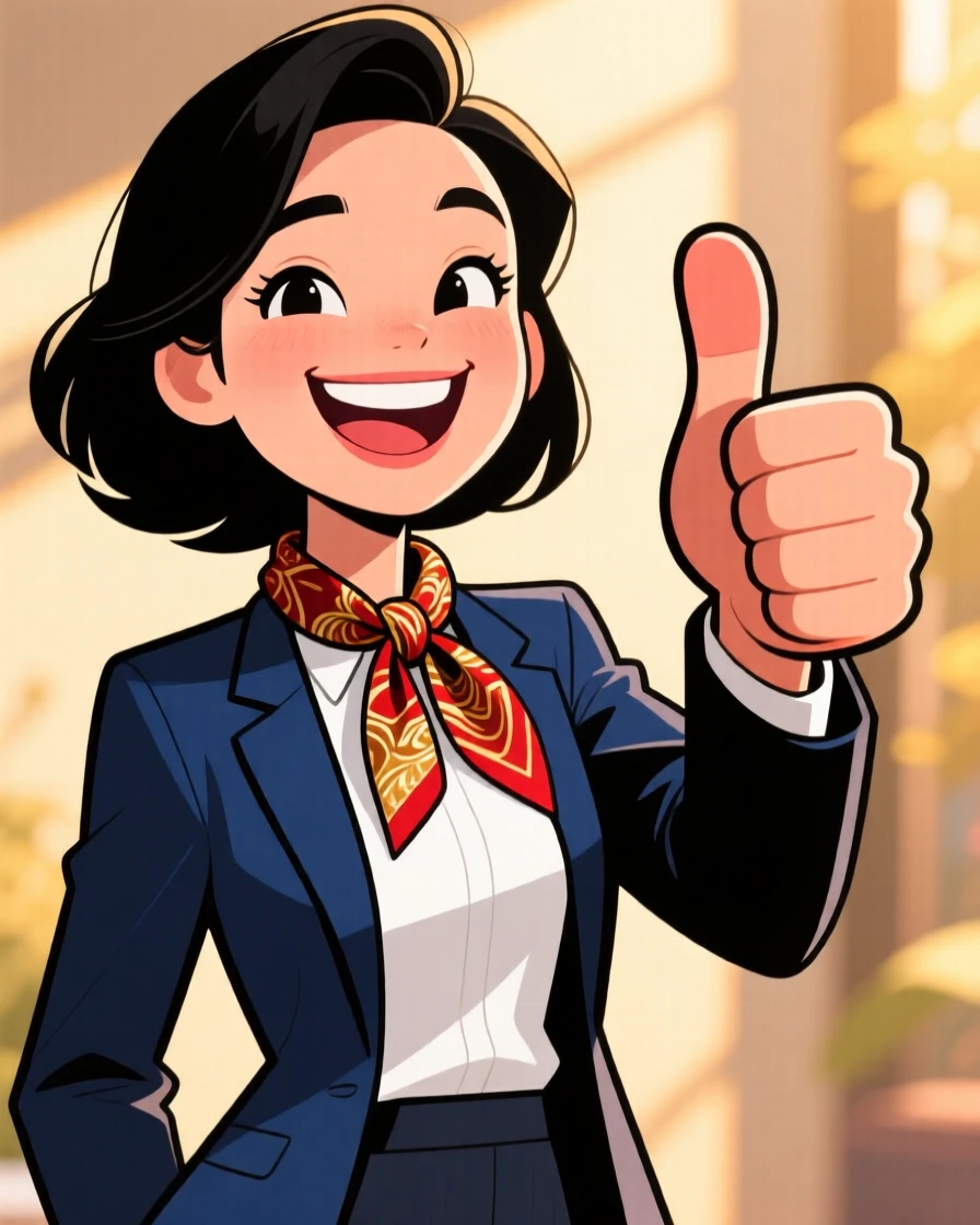 A charming portrait of a confident businesswoman, giving an exaggerated thumbs up, framed by soft golden afternoon light.