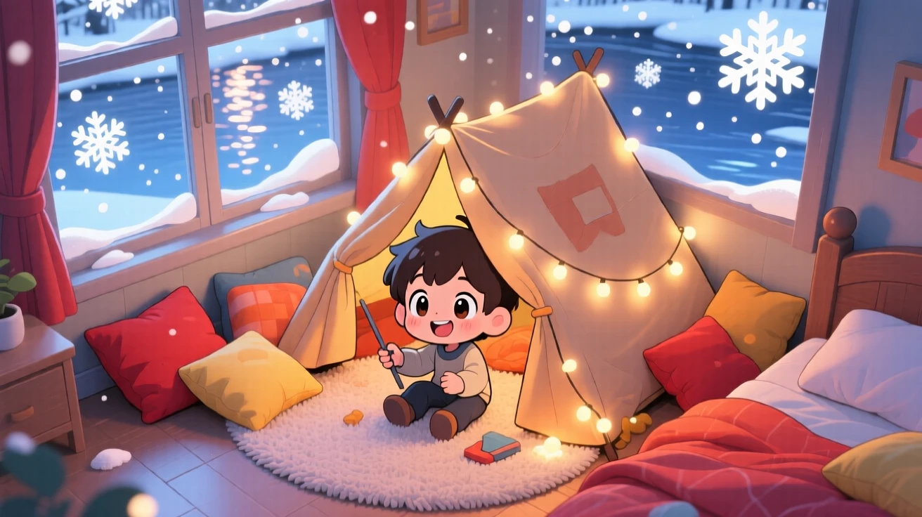 A small boy building a blanket fort with fairy lights, framed as a bird's-eye view within a cozy bedroom, during a cozy winter snowfall, glowing under shimmering reflected light off water, evoking delighted joy.