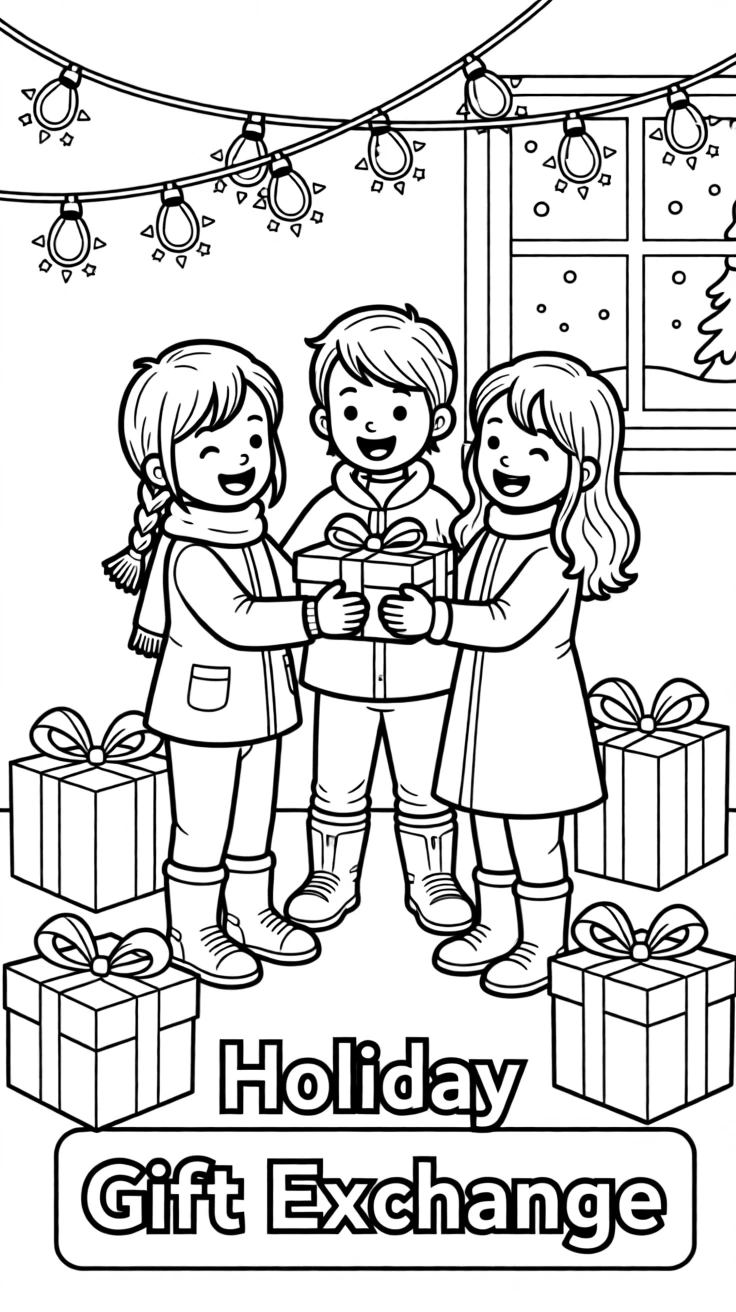 A holiday gift exchange with wrapped presents under twinkling lights