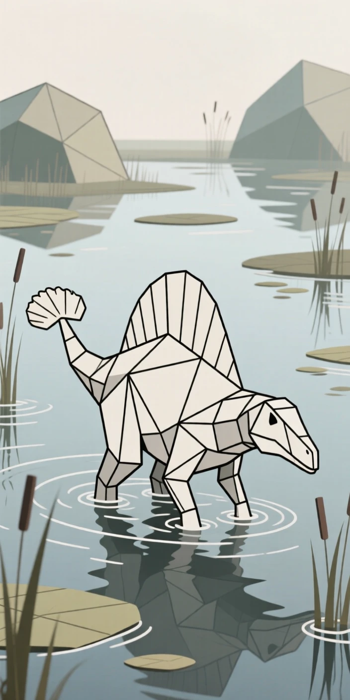 A Spinosaurus wading through a prehistoric swamp