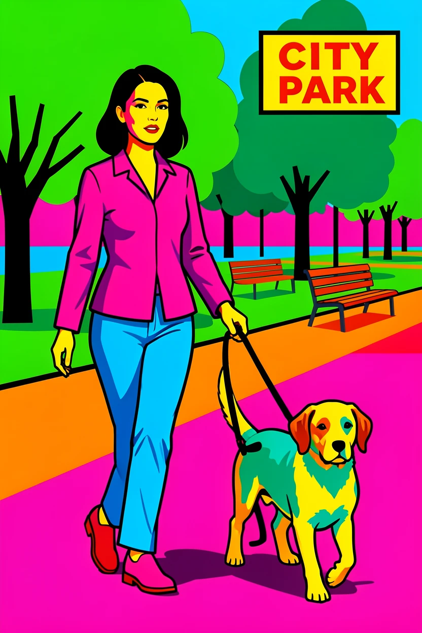 Woman walking a dog through a city park