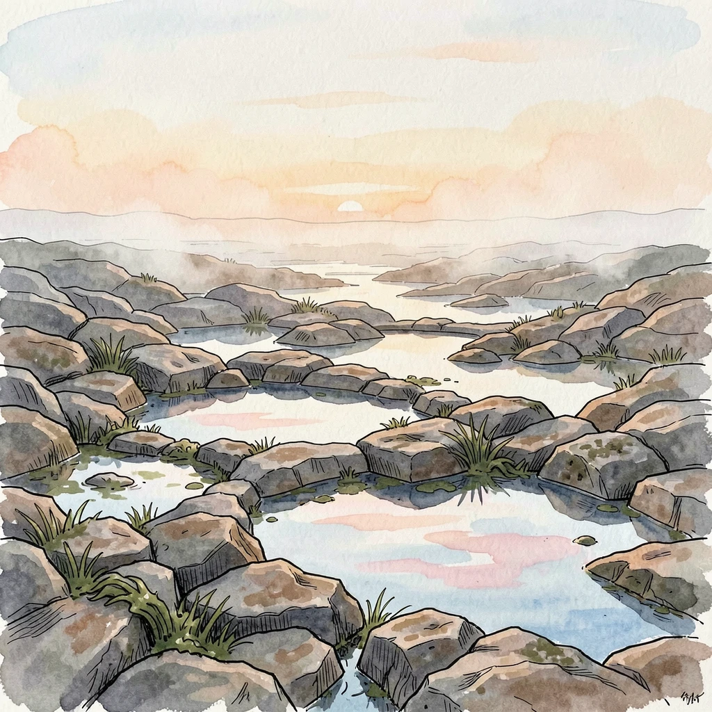A rocky tidal shelf exposed at low tide and covered in tide pools, a soft mist clinging to the low ground as the sun begins to rise.
