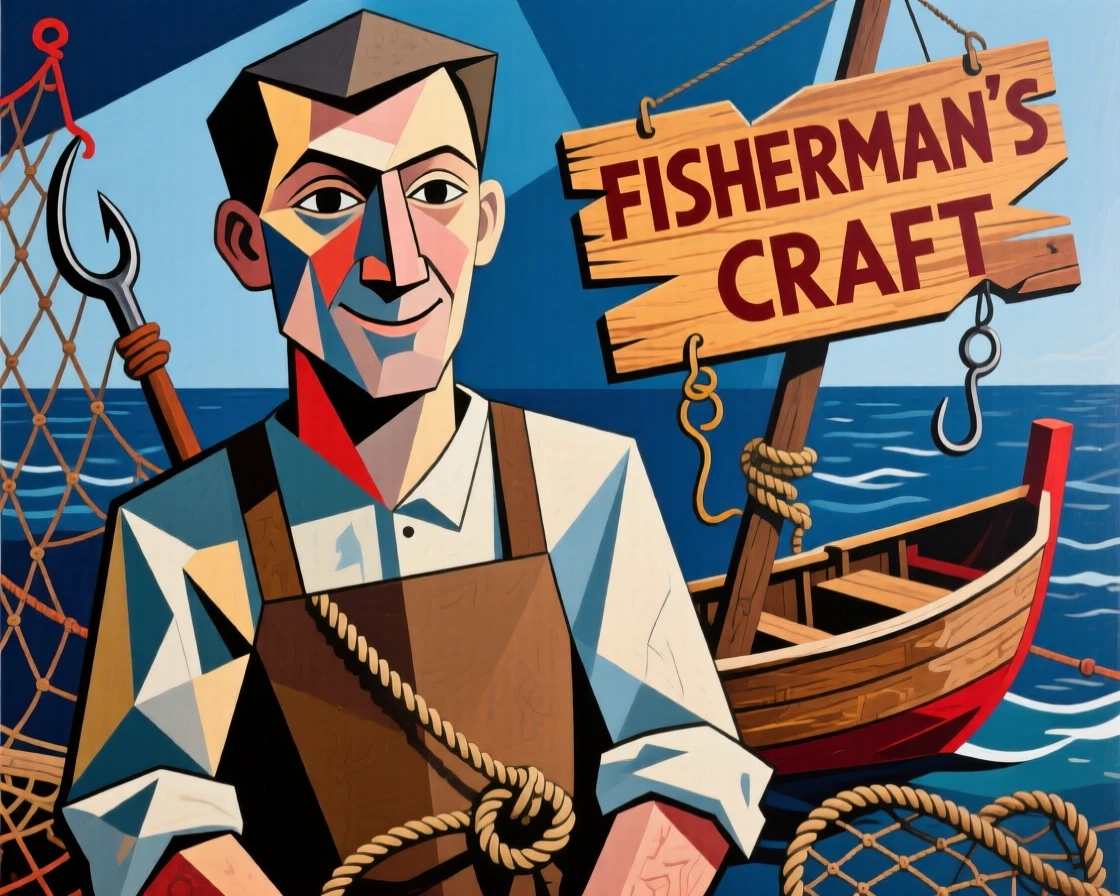 A medium shot portrait of a fisherman surrounded by the tools of the trade, focused and content in the craft.