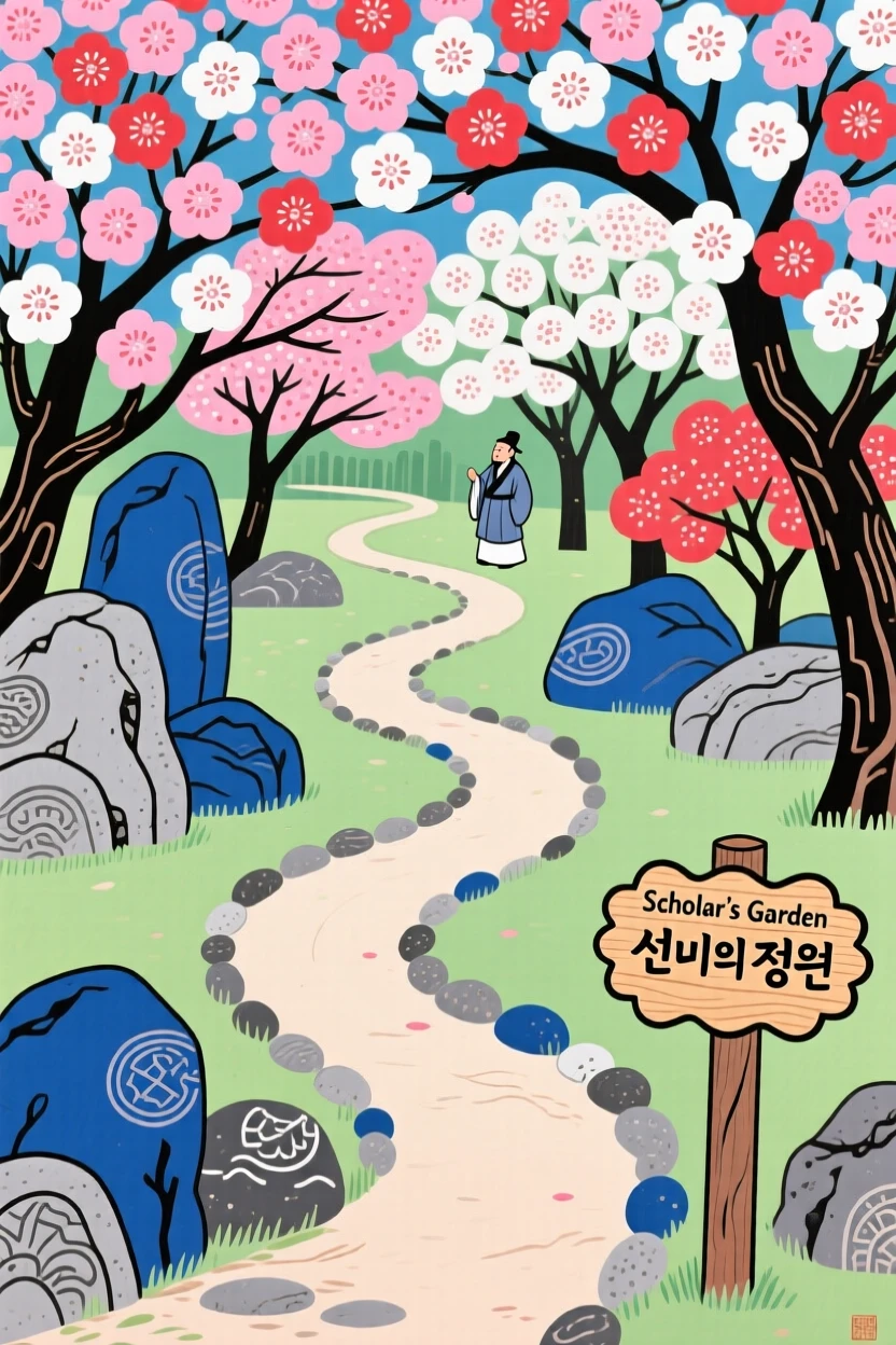 A scholar's garden with winding paths and rock gardens under a canopy of blossoming trees.