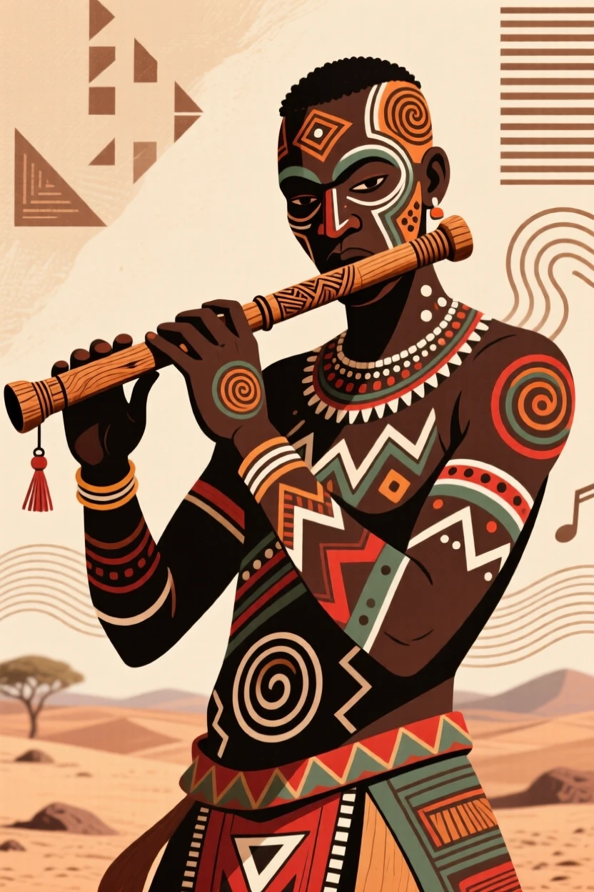 A musician playing a hand-carved wooden flute.
