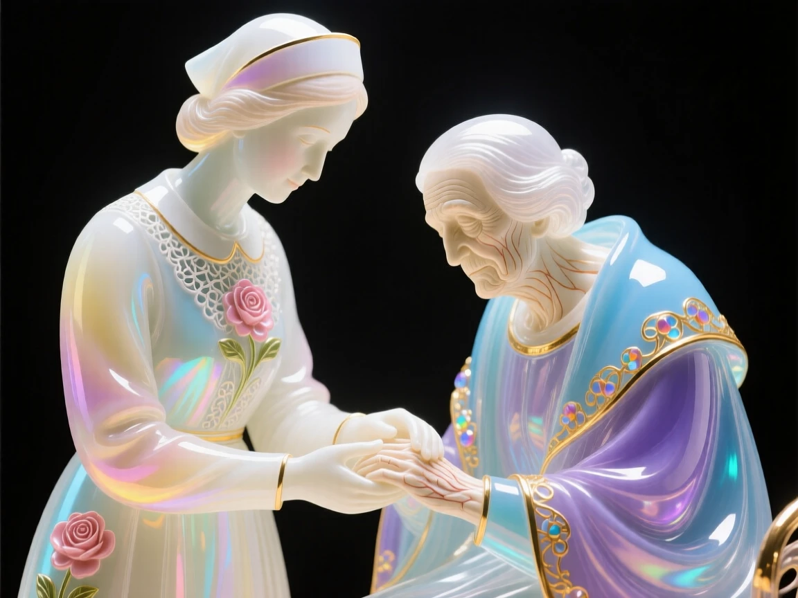 A nurse gently holding the hand of an elderly patient, compassionate and quiet.