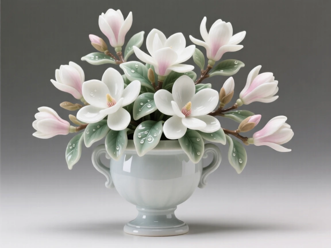 A lush arrangement of magnolias in a garden urn, dew still clinging to the leaves.