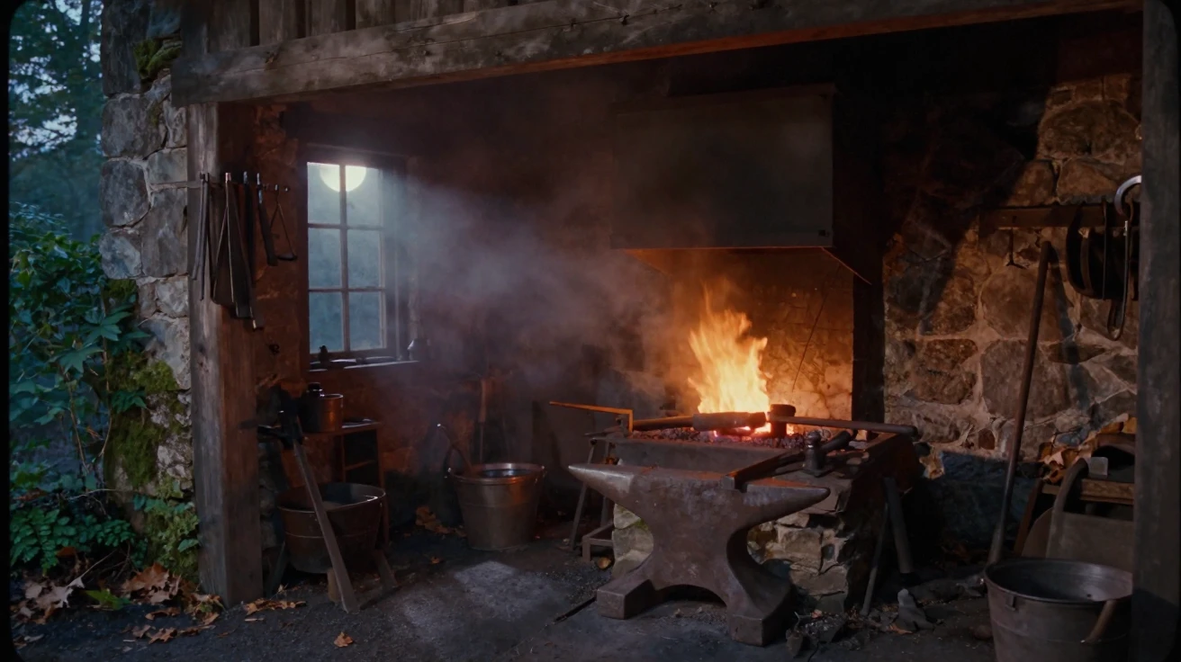 A blacksmith's forge glowing orange in a dim stone workshop, under moonlight, in thick rolling fog, as summer fades into fall, with deep emerald greens and browns, from a slightly elevated vantage point.