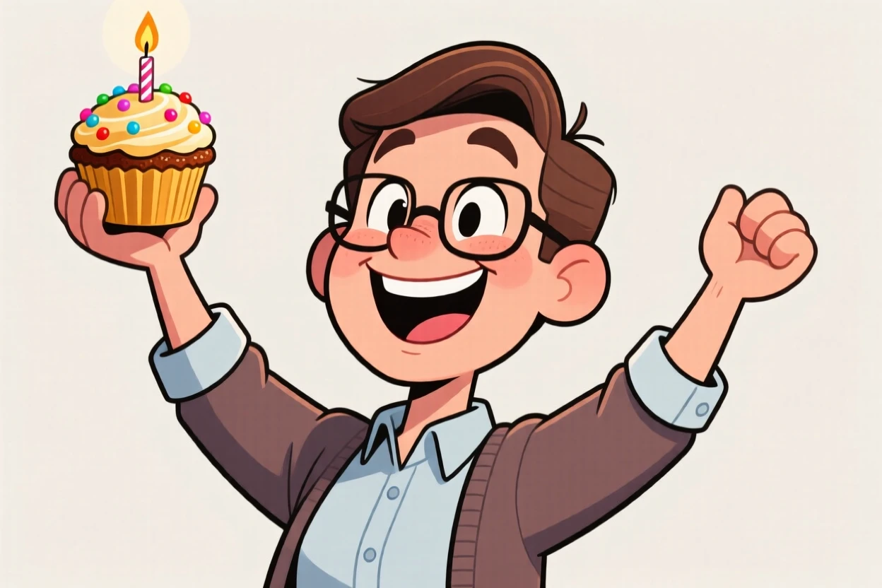A charming portrait of a kind-hearted teacher, gesturing dramatically with both hands raised, holding up a freshly baked treat.