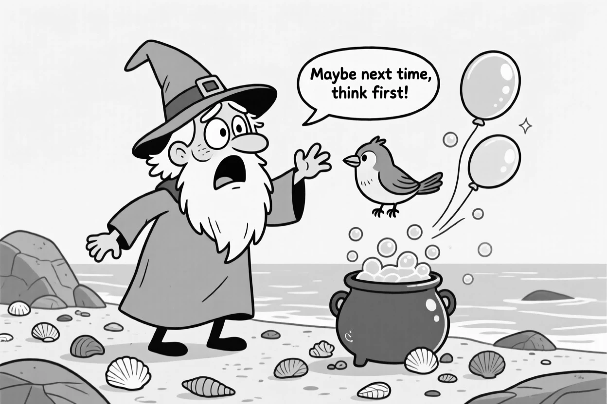 A bumbling wizard whose spell backfired on himself, shouting back at the bird's sarcastic remark, set on a rocky shoreline scattered with shells. Bubbles from the cauldron float up like little balloons. The image invites you to imagine the tale behind the mishap.