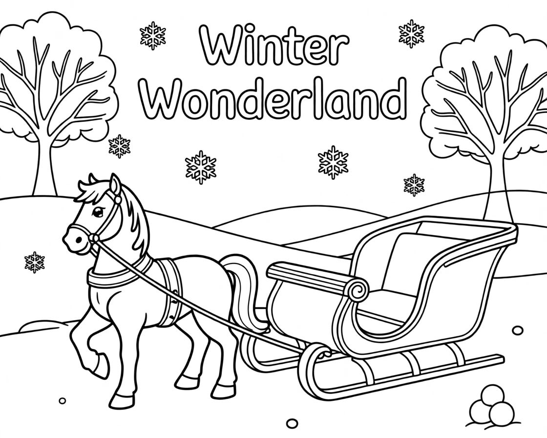 A winter wonderland scene with a horse-drawn sleigh