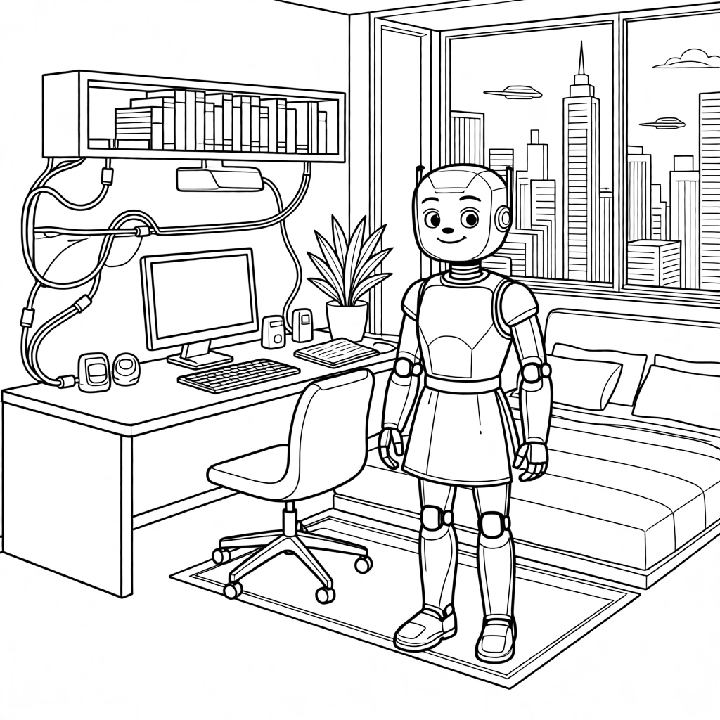 A robot companion standing in a futuristic bedroom, with cables neatly arranged along the desk.