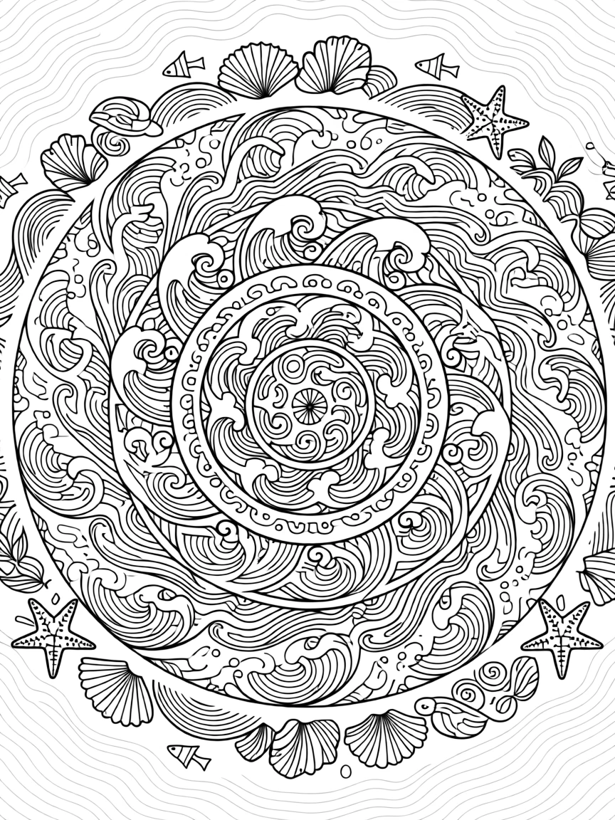 A mandala composed of swirling ocean wave patterns in concentric rings.