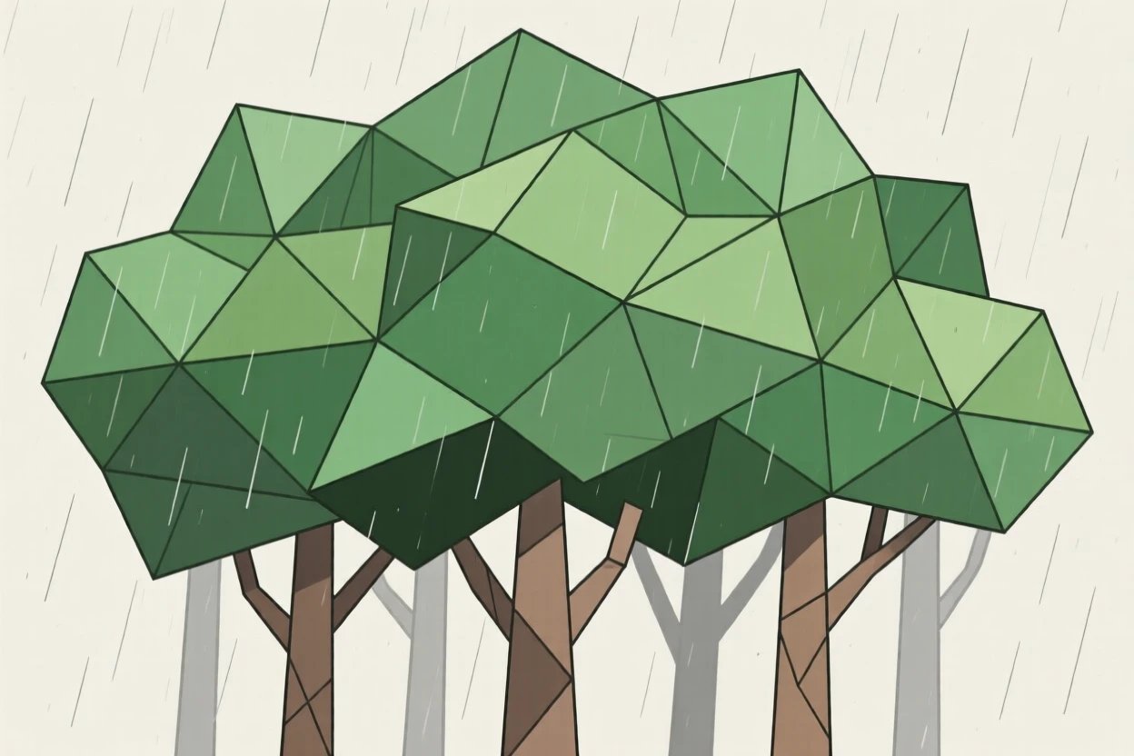 A dense rainforest with layers of green canopy
