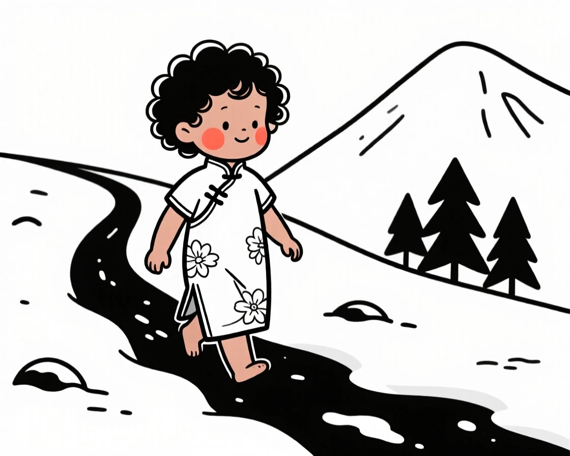 A curly-haired toddler of Jamaican heritage wearing a Chinese qipao, exuding gentle warmth, on a snowy mountain trail.