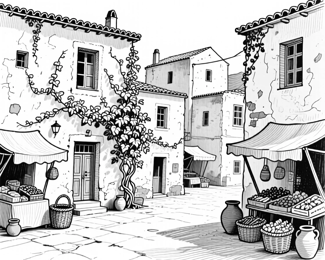 A greek village of whitewashed buildings with ivy climbing its weathered walls, featuring market stalls tucked into the corners, rendered in a cozy and inviting architectural composition.