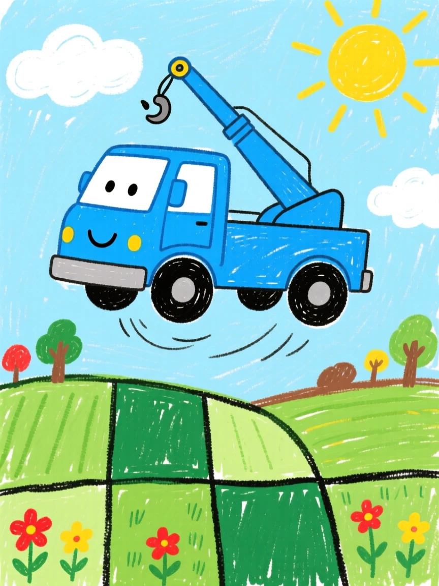 A bright blue tow truck floating above a patchwork of green fields.