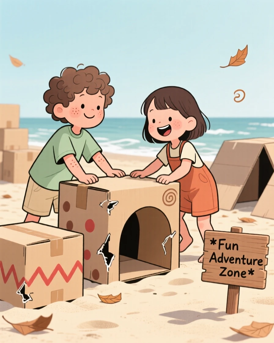 A pair of children build a obstacle course out of cardboard boxes in the sunny beach, laughing as the wind sends leaves scattering everywhere.