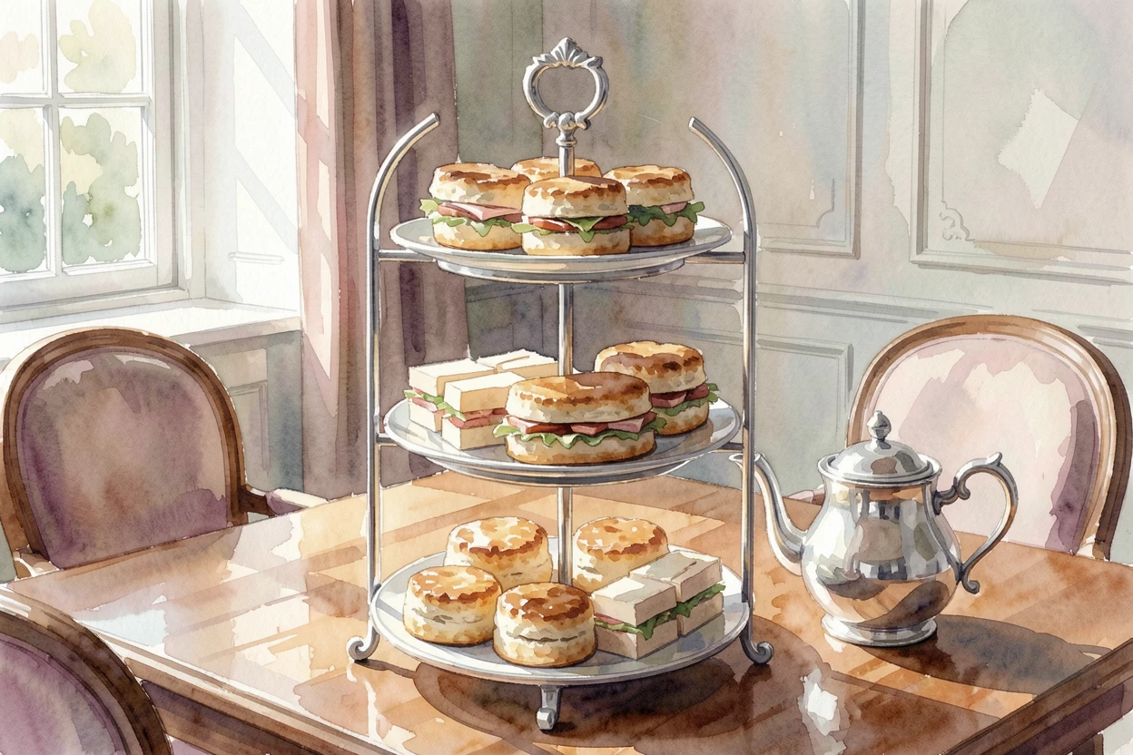 A tiered stand of afternoon tea sandwiches and scones in an elegant dining room setting.