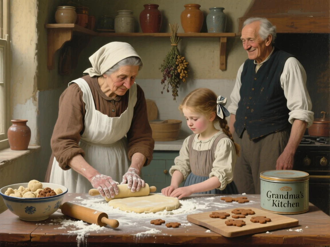 A grandmother and granddaughter baking cookies together, flour dusting the counter, as an older family member watches on with a proud smile, capturing an everyday moment that feels timeless and precious