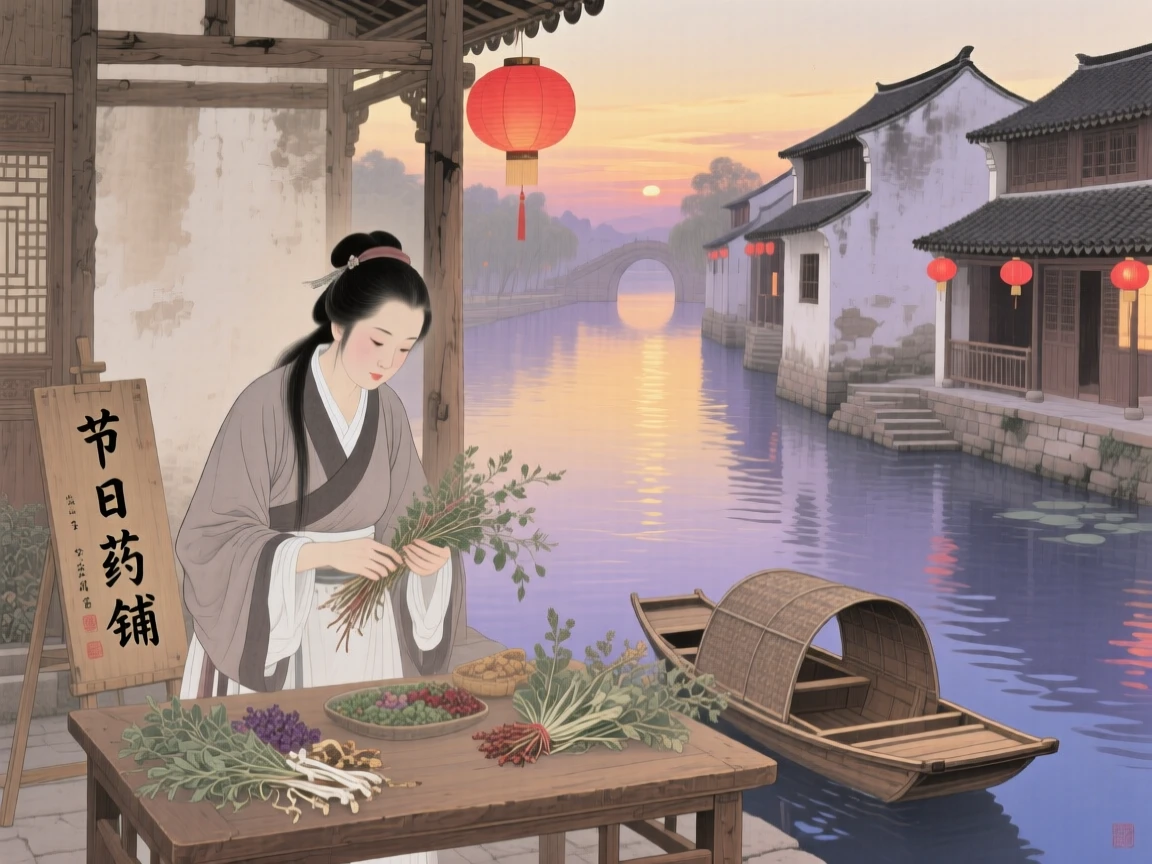 A village healer preparing for tomorrow's festival beside a slow-moving canal at dusk