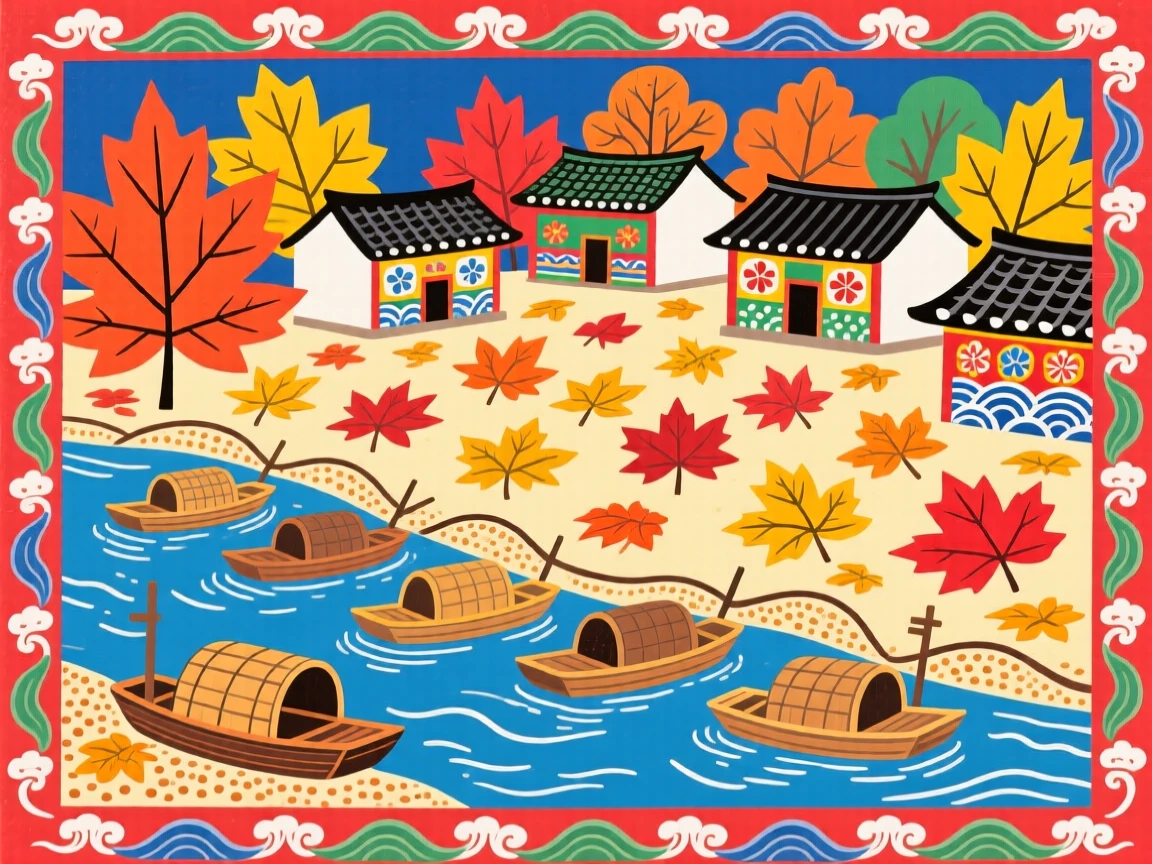 A riverside village with boats moored along the bank with autumn leaves scattered across the courtyard.