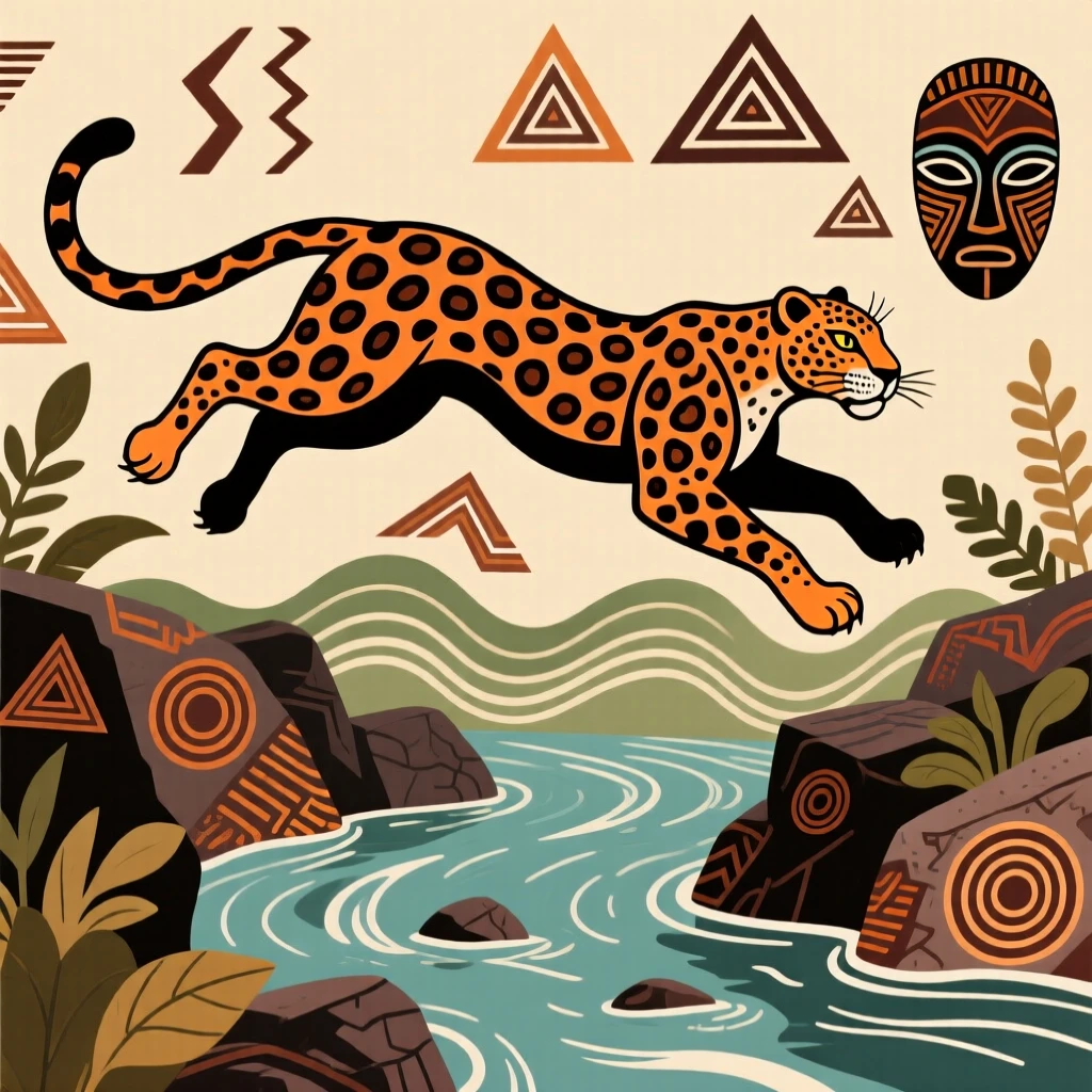 A leopard leaping across a stream.