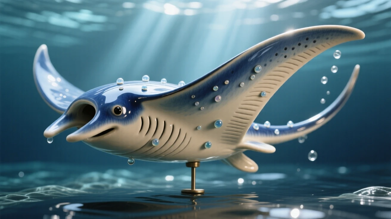 A majestic manta ray gliding overhead suspended in a shaft of filtered sunlight, dotted with tiny, glimmering droplets, stirring wonder at the mysteries of the deep.
