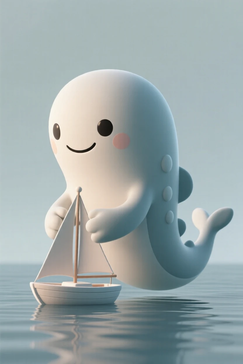 A gentle sea monster with kind eyes gently lifts a stranded sailboat back into calm waters.