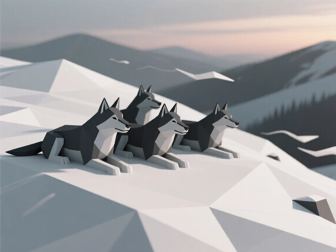 A wolf pack resting on a snowy hillside, on a windswept ridge at dusk. the composition centers the subject with a shallow depth of field. The scene radiates quiet strength.