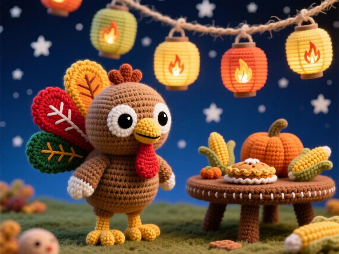 a small turkey character, with colorful tail feathers fanned out, strutting proudly beside a harvest table, set in a starry night sky above a quiet neighborhood, with a cluster of paper lanterns swaying gently, full of cozy holiday warmth and togetherness.