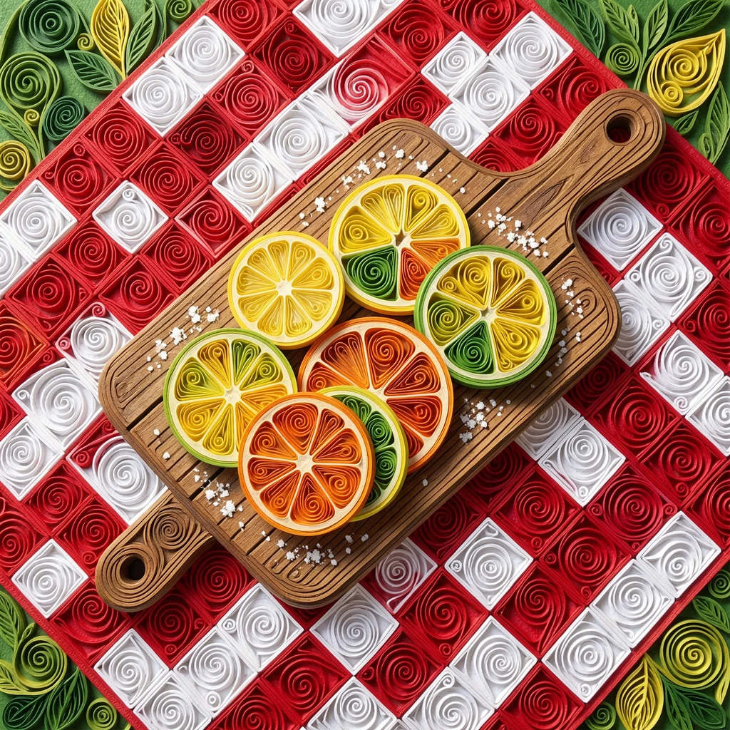 A cozy still life of a wooden cutting board with sliced citrus fruit on a checkered picnic blanket in a park, with a light dusting of powdered sugar, arranged in an appetizing overhead flat-lay composition.