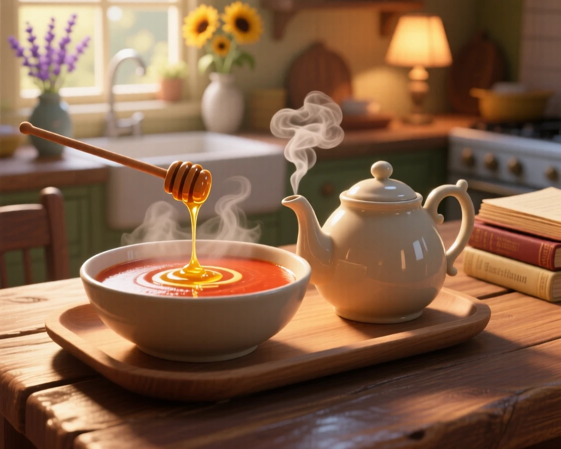 A bowl of creamy tomato bisque sits on a tray beside a steaming teapot, with honey drizzling slowly over the top. The scene feels inviting, warm, and delicious.