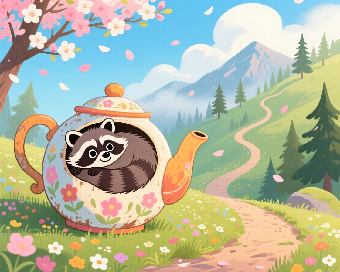 A mischievous raccoon is curling up inside a teapot in a winding mountain trail, with petals drifting gently down.