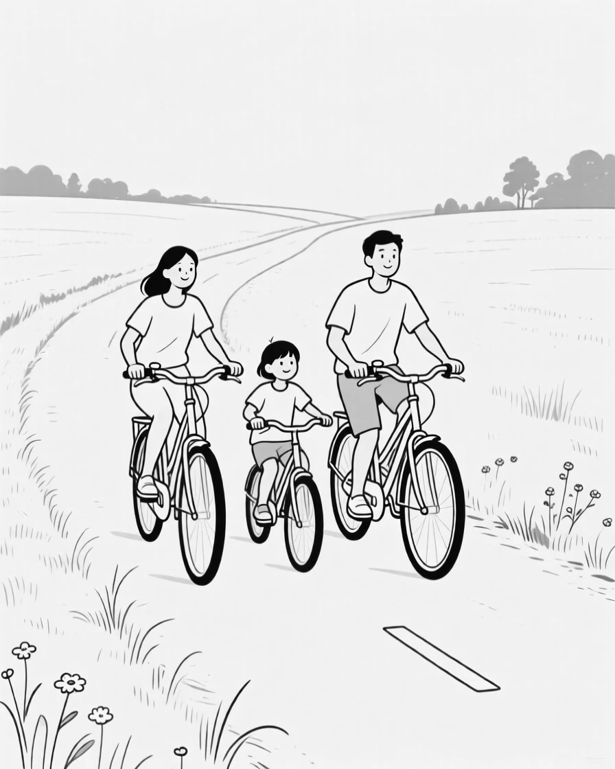 A family riding bicycles together along a country road