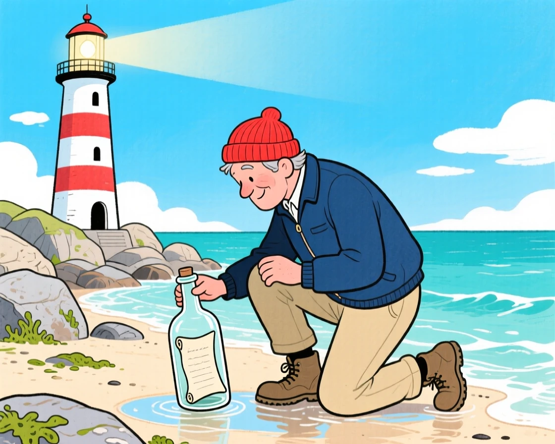 An adventurous scene of a lighthouse keeper discovering a bottle with a message inside.