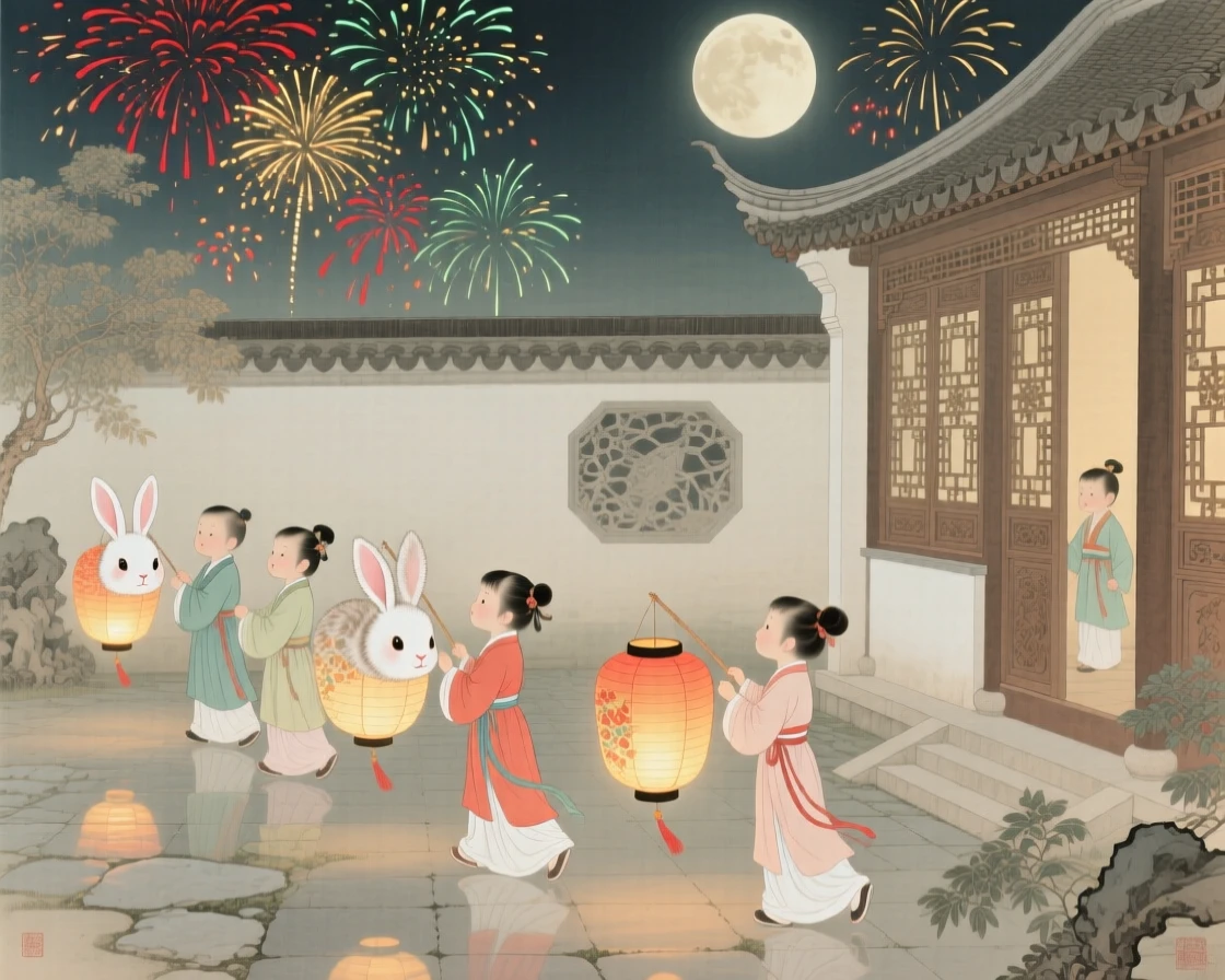 Children carrying rabbit-shaped lanterns through a moonlit courtyard, under a sky filled with drifting fireworks