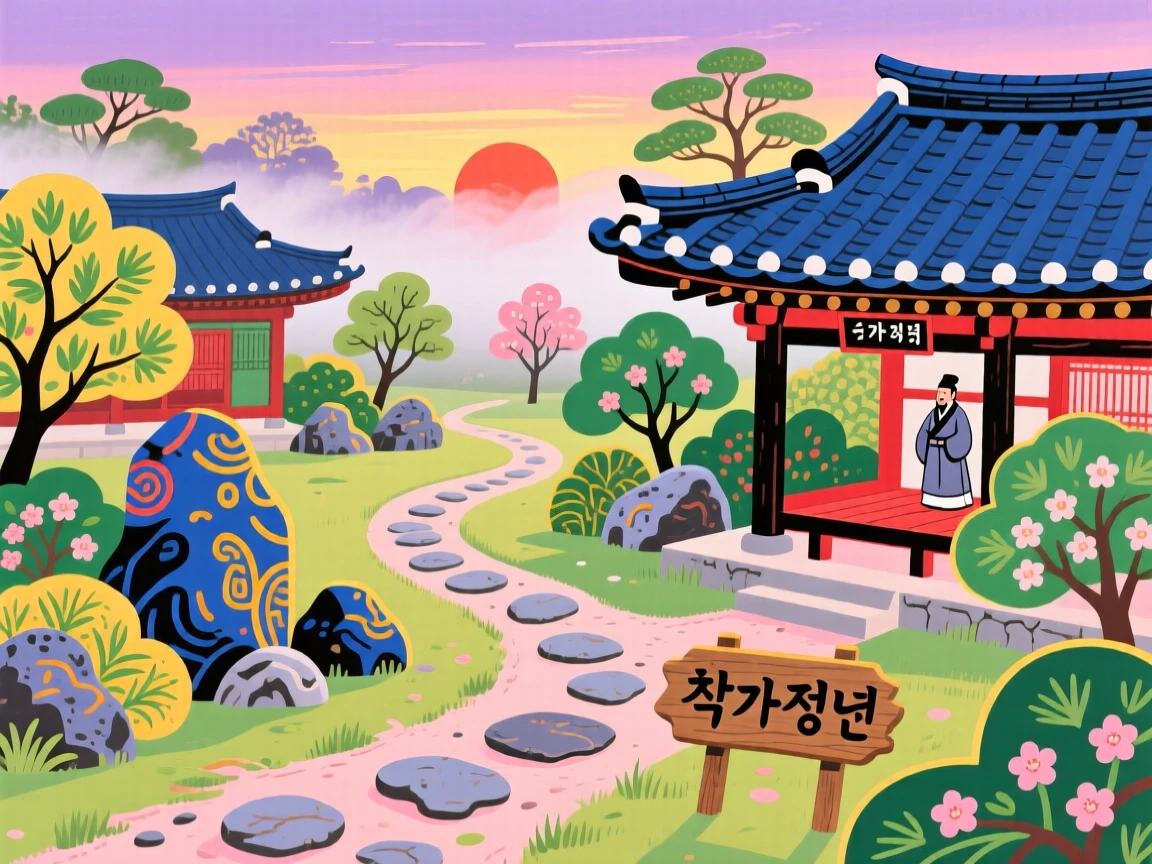 A scholar's garden with winding paths and rock gardens at sunrise with mist still clinging to the rooftops.