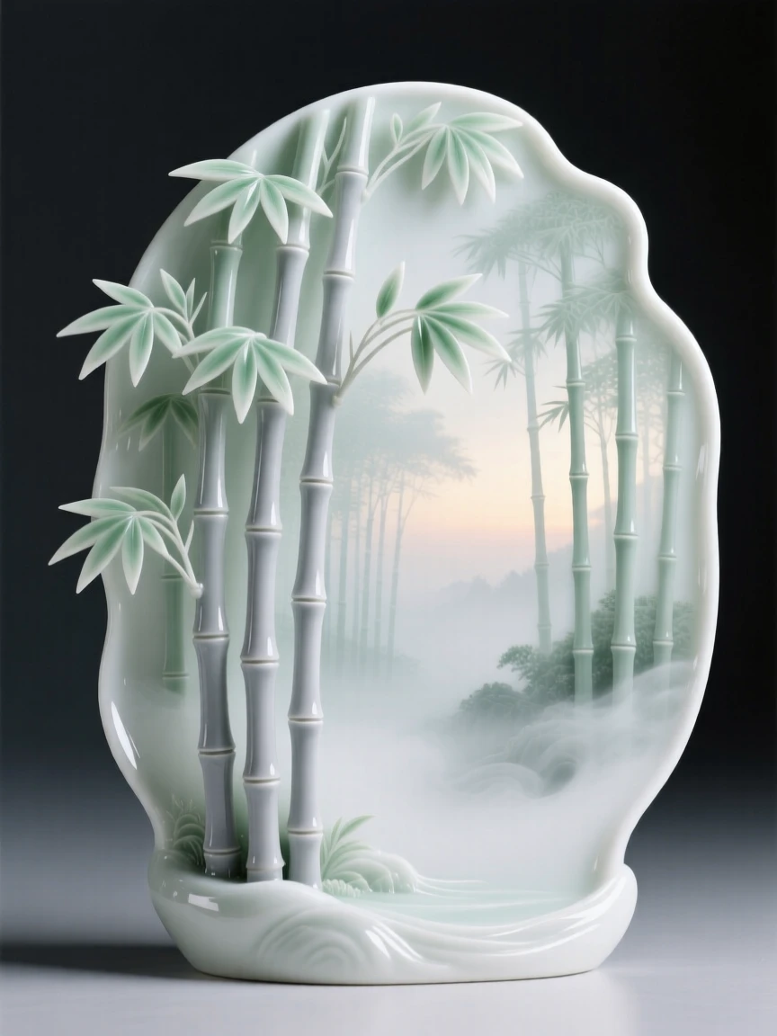 A tranquil bamboo forest with light filtering through, mist rising gently at dawn.