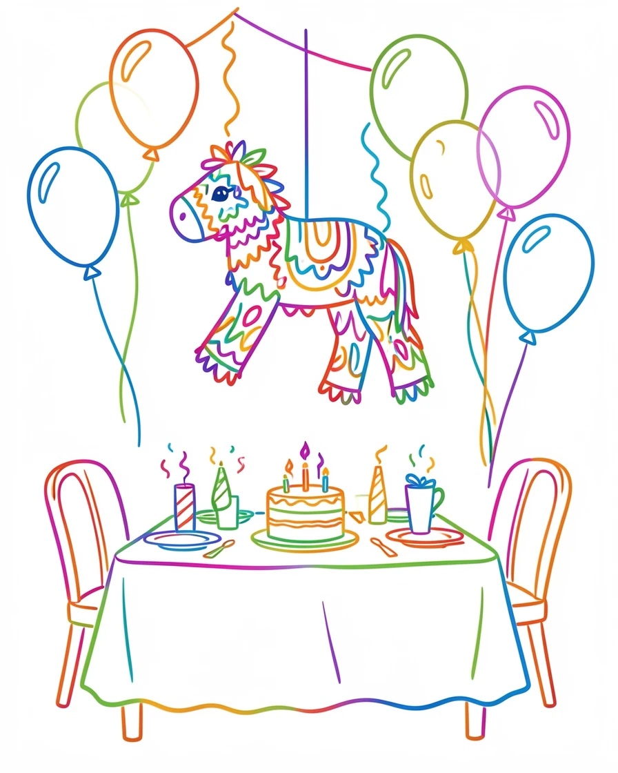 Colorful piñata hanging above a birthday party table decorated with balloons.