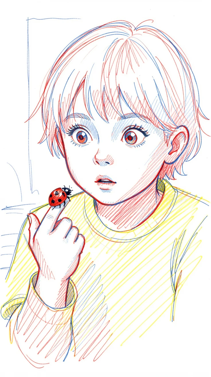 A child discovering a ladybug on their fingertip with wide-eyed wonder