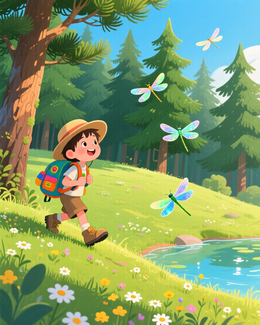 In a dense pine forest, a young explorer with a backpack is climbing to the top of a grassy hill for the view, while dragonflies dart above the water.