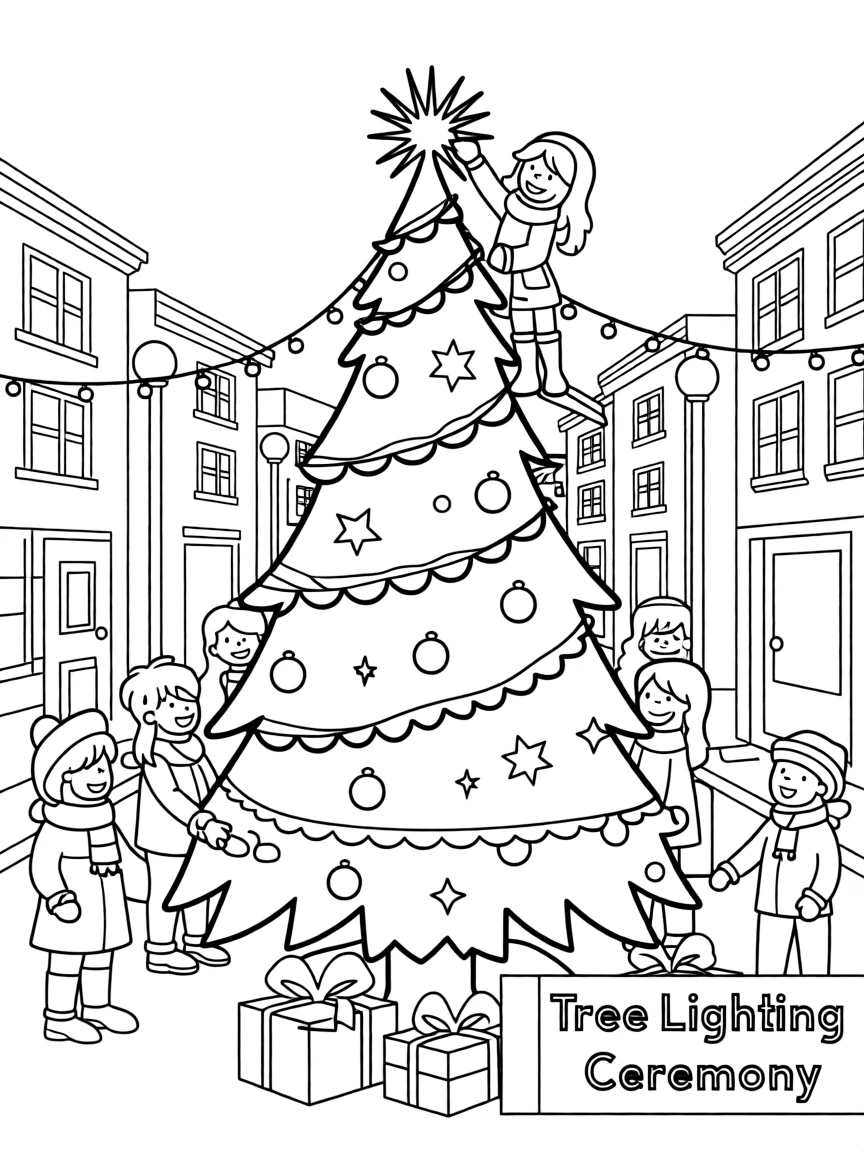 A community tree-lighting ceremony in a town square