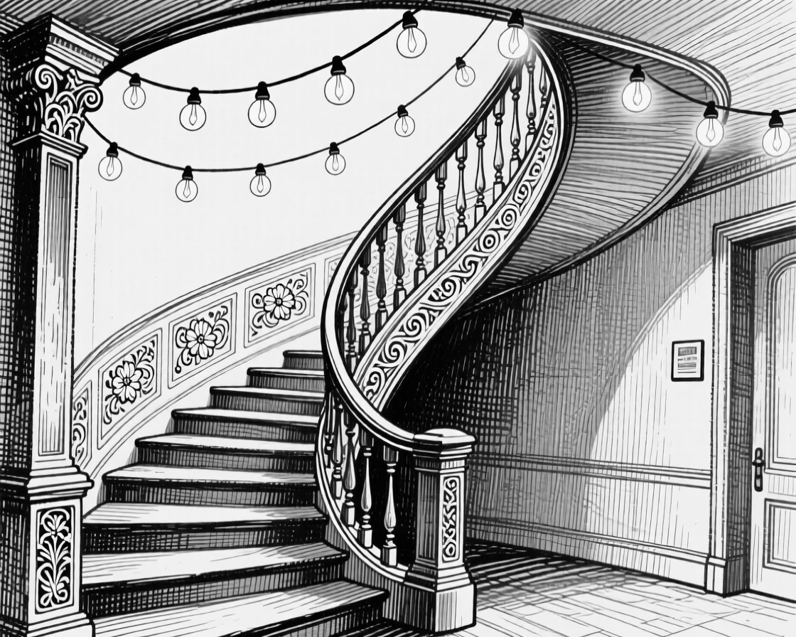 A sweeping spiral staircase beneath strings of hanging lights, featuring ornate carvings along the facade, rendered in a cozy and inviting architectural composition.