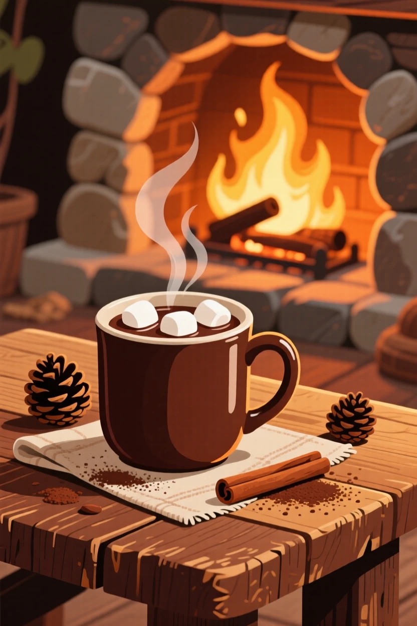 A cozy fireplace scene with hot cocoa and marshmallows, placed on a rustic wooden table with warm tones, arranged with soft curves and gentle organic lines, with subtle steam rising to add a warm, lived-in feel.