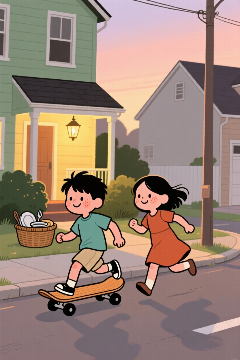 A child rides a skateboard down a quiet suburban street on a warm summer evening, racing a friend to the corner as the clink of dinner being set out drifts from a nearby porch.